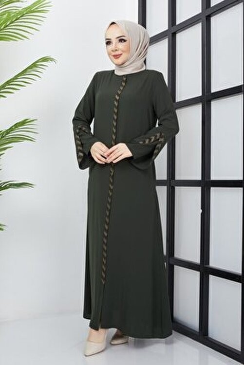 Hafsa Mina hafsamina Haki Renkli Büyük Beden Ferace Taş İşleme Detaylı Uzun Kol Kadın Polyester Karışımlı görsel 2
