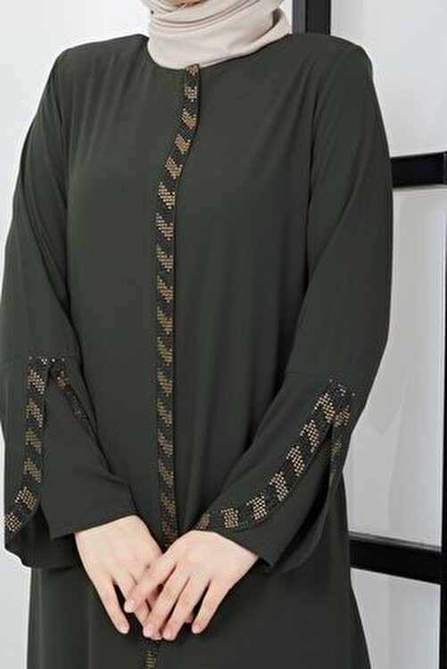Hafsa Mina hafsamina Haki Renkli Büyük Beden Ferace Taş İşleme Detaylı Uzun Kol Kadın Polyester Karışımlı görsel 4