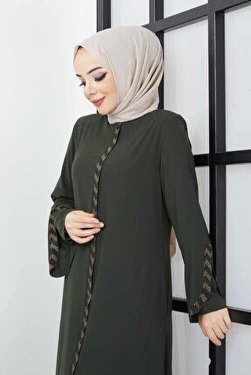 Hafsa Mina hafsamina Haki Renkli Büyük Beden Ferace Taş İşleme Detaylı Uzun Kol Kadın Polyester Karışımlı görsel 5