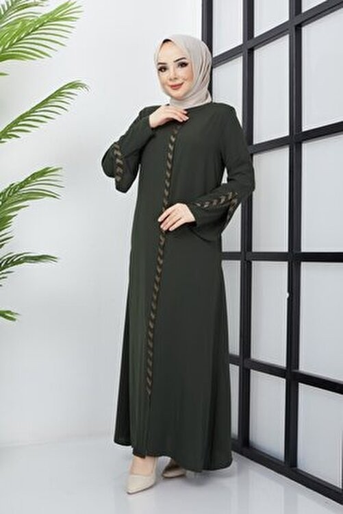 Hafsa Mina hafsamina Haki Renkli Büyük Beden Ferace Taş İşleme Detaylı Uzun Kol Kadın Polyester Karışımlı görsel 6