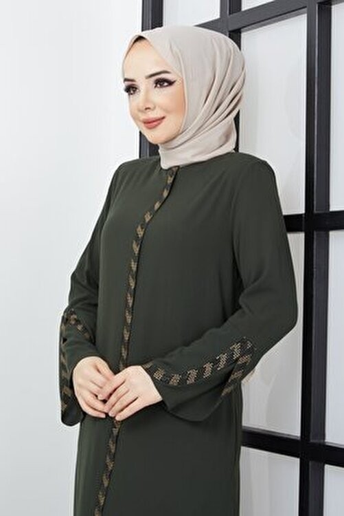 Hafsa Mina hafsamina Haki Renkli Büyük Beden Ferace Taş İşleme Detaylı Uzun Kol Kadın Polyester Karışımlı görsel 7