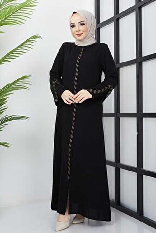Hafsa Mina hafsamina Haki Renkli Büyük Beden Ferace Taş İşleme Detaylı Uzun Kol Kadın Polyester Karışımlı görsel 8
