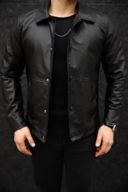 Baselco Erkek Slim Fit Siyah Çıt Çıtlı Suni Deri Ceket Uzun Kol Günlük Kullanım İçin Özel Tasarım
