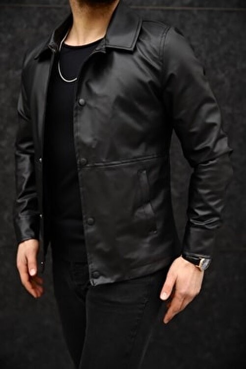 Baselco Erkek Slim Fit Siyah Çıt Çıtlı Suni Deri Ceket Uzun Kol Günlük Kullanım İçin Özel Tasarım görsel 4