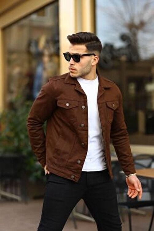 Comstar Erkek Trend Polo Yaka Slim Fit Denim Jeans Bej Kot Ceket görsel 7