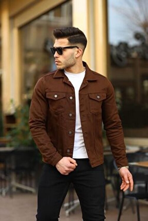 Comstar Erkek Trend Polo Yaka Slim Fit Denim Jeans Bej Kot Ceket görsel 8