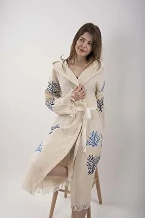 Reina Teks Peştemal Bornoz Pareo Pamuklu Plaj Mercan Hayat Ağacı Desenli 1 Adet Unisex Beachwear Kimono Kaftan