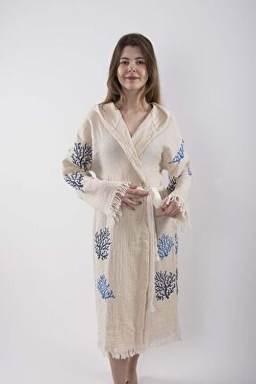 Reina Teks Peştemal Bornoz Pareo Pamuklu Plaj Mercan Hayat Ağacı Desenli 1 Adet Unisex Beachwear Kimono Kaftan görsel 2