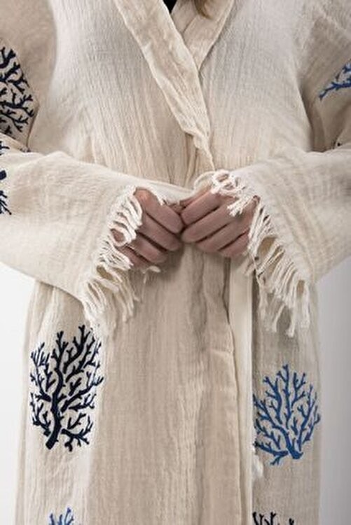 Reina Teks Peştemal Bornoz Pareo Pamuklu Plaj Mercan Hayat Ağacı Desenli 1 Adet Unisex Beachwear Kimono Kaftan görsel 4
