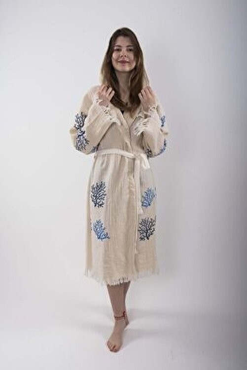 Reina Teks Peştemal Bornoz Pareo Pamuklu Plaj Mercan Hayat Ağacı Desenli 1 Adet Unisex Beachwear Kimono Kaftan görsel 5