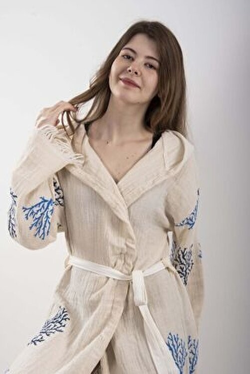 Reina Teks Peştemal Bornoz Pareo Pamuklu Plaj Mercan Hayat Ağacı Desenli 1 Adet Unisex Beachwear Kimono Kaftan görsel 6