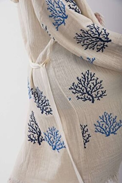 Reina Teks Peştemal Bornoz Pareo Pamuklu Plaj Mercan Hayat Ağacı Desenli 1 Adet Unisex Beachwear Kimono Kaftan görsel 7