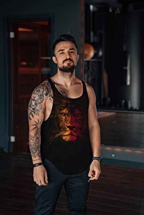 Freeyez Aslan Sarı Kırmızı Gym Fitness Tank Top Dokuma Sporcu Atleti