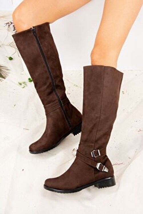 Fox Shoes Kahverengi Süet Kadın Çizme Düz Topuklu Kışlık Konforlu Tasarım görsel 4