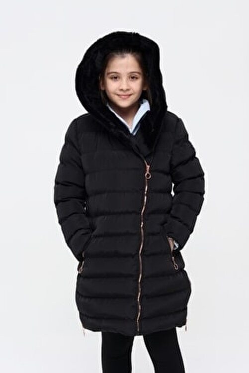 Benitto Kids Kız Çocuk Siyah Kaban Polyester Malzemeden Uzun Kollu Kapüşonlu Günlük Kullanım İçin görsel 2