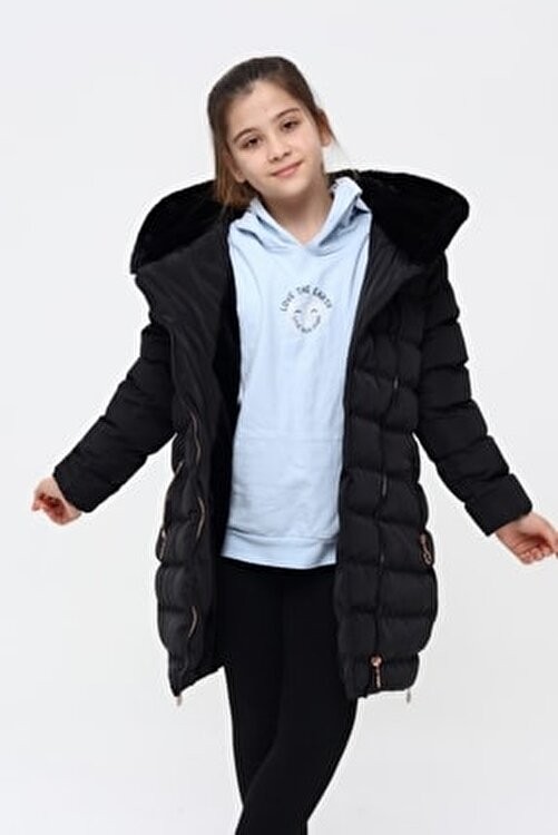 Benitto Kids Kız Çocuk Siyah Kaban Polyester Malzemeden Uzun Kollu Kapüşonlu Günlük Kullanım İçin görsel 3