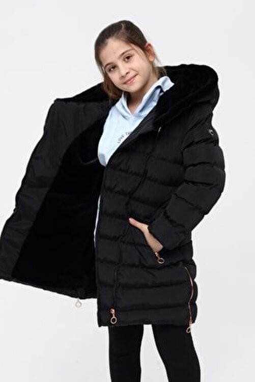Benitto Kids Kız Çocuk Siyah Kaban Polyester Malzemeden Uzun Kollu Kapüşonlu Günlük Kullanım İçin görsel 4