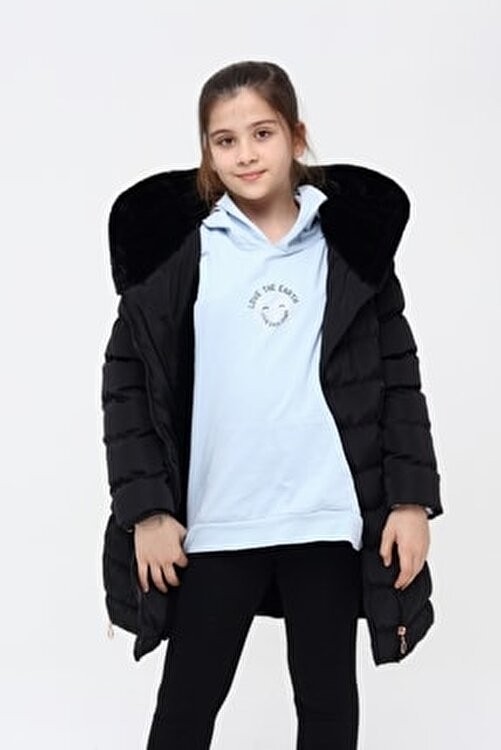 Benitto Kids Kız Çocuk Siyah Kaban Polyester Malzemeden Uzun Kollu Kapüşonlu Günlük Kullanım İçin görsel 5
