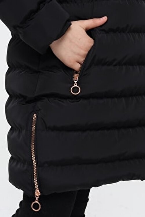Benitto Kids Kız Çocuk Siyah Kaban Polyester Malzemeden Uzun Kollu Kapüşonlu Günlük Kullanım İçin görsel 6