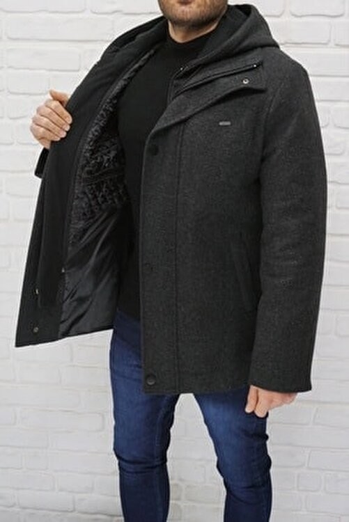 Dynamo Kapüşonlu Yün Karışımlı Kaban Kadınlar İçin Casual Stil Füme Renk görsel 3