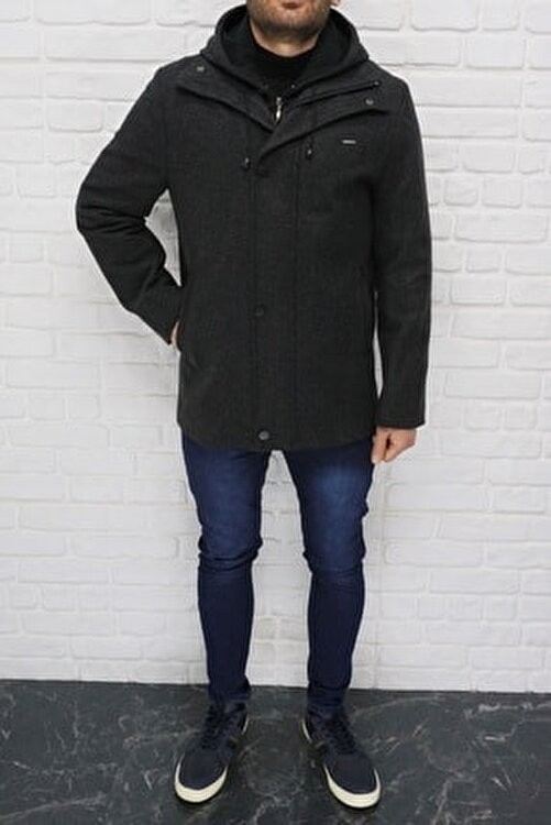 Dynamo Kapüşonlu Yün Karışımlı Kaban Kadınlar İçin Casual Stil Füme Renk görsel 4