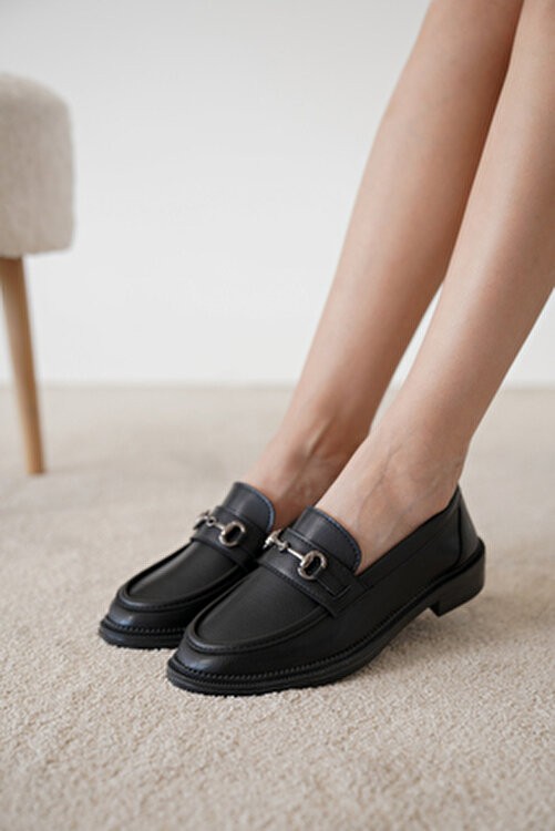 Özse Shoes Siyah Cilt Toka Detaylı Oxford Loafer Ayakkabı Erkek Suni Deri Malzeme Düz Taban