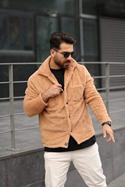 Belirtilmemiş Unisex Peluş Polar Hırka Ceket Bej Renk Düz Desenli Örme Kumaş Regular Kalıp görsel 2