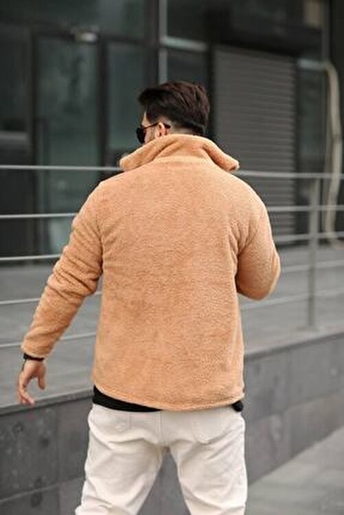 Belirtilmemiş Unisex Peluş Polar Hırka Ceket Bej Renk Düz Desenli Örme Kumaş Regular Kalıp görsel 3