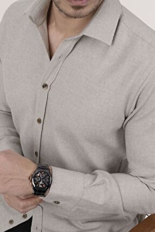 Etikmen Slimfit Erkek Gömlek Klasik Stil Sütlü Kahve Renk Cepsiz Tasarım