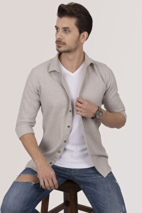 Etikmen Slimfit Erkek Gömlek Klasik Stil Sütlü Kahve Renk Cepsiz Tasarım görsel 2