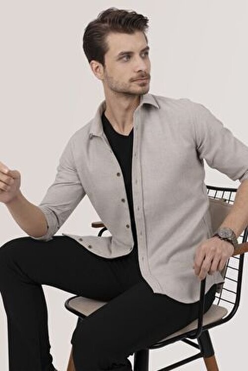 Etikmen Slimfit Erkek Gömlek Klasik Stil Sütlü Kahve Renk Cepsiz Tasarım görsel 3