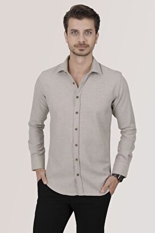 Etikmen Slimfit Erkek Gömlek Klasik Stil Sütlü Kahve Renk Cepsiz Tasarım görsel 4