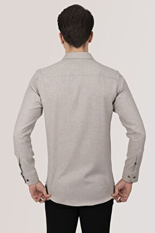 Etikmen Slimfit Erkek Gömlek Klasik Stil Sütlü Kahve Renk Cepsiz Tasarım görsel 6