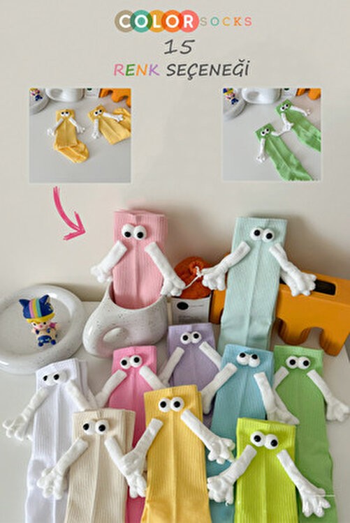 Color Socks Pembe El Ele Tutuşan Gözlü Mıknatıslı Soket Çorap Seti Düz Desenli Unisex