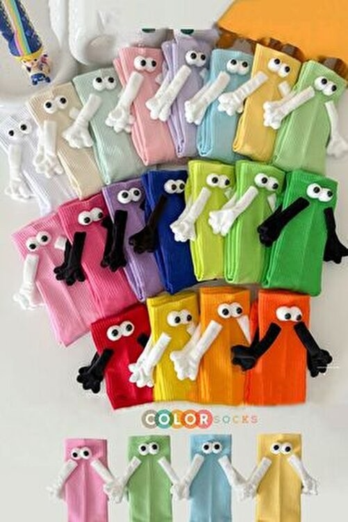 Color Socks Pembe El Ele Tutuşan Gözlü Mıknatıslı Soket Çorap Seti Düz Desenli Unisex görsel 2