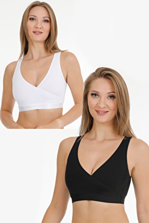 Parlingerie Siyah-Beyaz Emzirme Sporcu Büstiyeri 2'li Set Pamuklu Düz Desen Konforlu Tasarım görsel 2