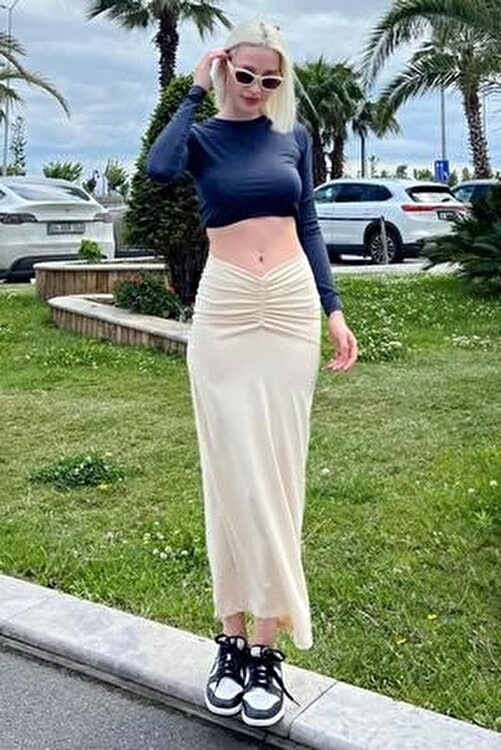 Madmext Ekru Önden Büzgülü Midi Etek MG2084