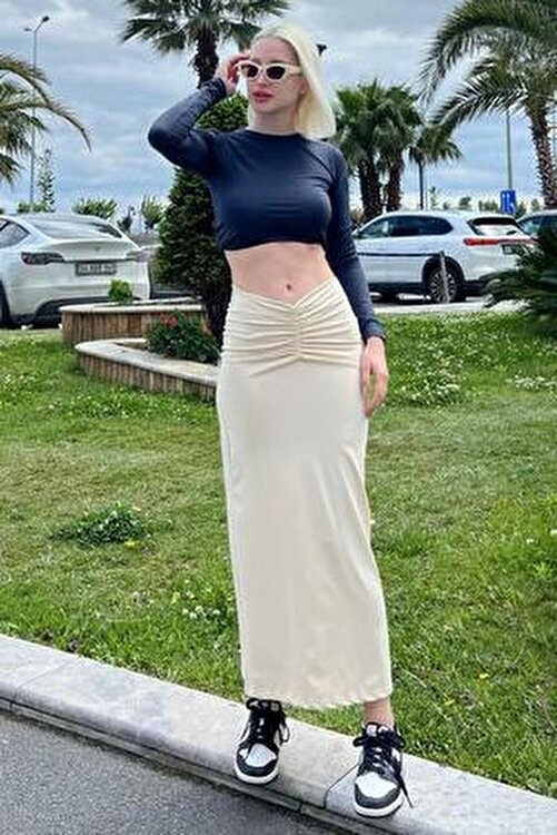 Madmext Ekru Önden Büzgülü Midi Etek MG2084 görsel 3