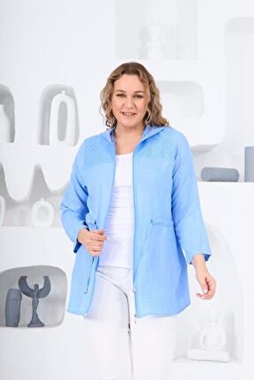 Rmg Kadın Büyük Beden Mavi Ceket1 Uzun Kol Keten Dokulu Casual Stil %65 Pamuk %35 Polyester