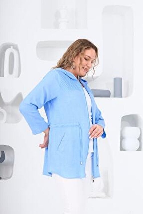 Rmg Kadın Büyük Beden Mavi Ceket1 Uzun Kol Keten Dokulu Casual Stil %65 Pamuk %35 Polyester görsel 2