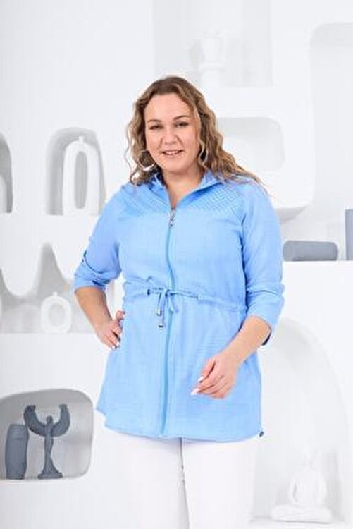 Rmg Kadın Büyük Beden Mavi Ceket1 Uzun Kol Keten Dokulu Casual Stil %65 Pamuk %35 Polyester görsel 4