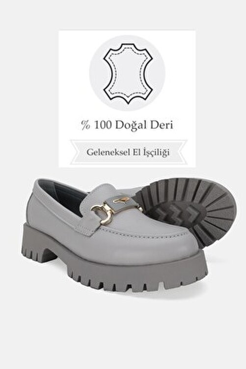 Tunaelli Kadın Bej Tokalı Loafer Ayakkabı Hakiki Deri Taban Kauçuk 36-41 Numara Günlük Kullanım İçin görsel 3