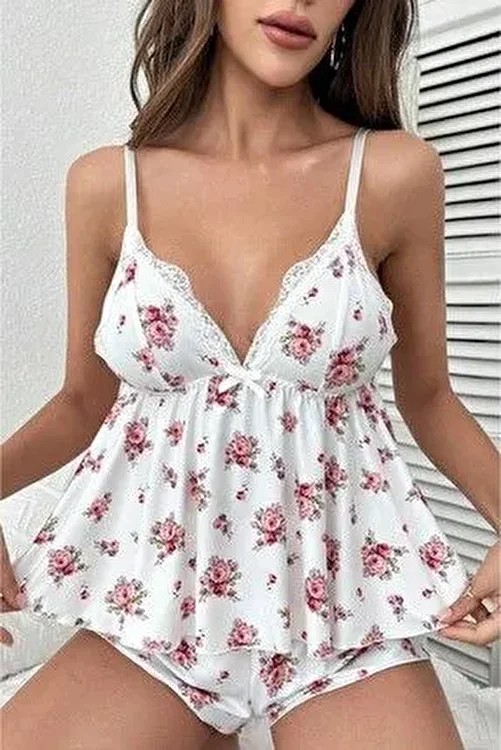 Bella Notte Çiçek Desenli Dantel Detaylı Pijama Takımı 2 Parça Beyaz Renk