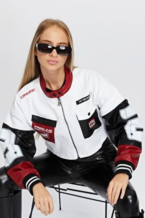 Black Level Kadın Oversize Kot Ceket, Kollari Deri Garnili Fermuarlı Motorcu Mont, Yarışçı Kolej Bomber