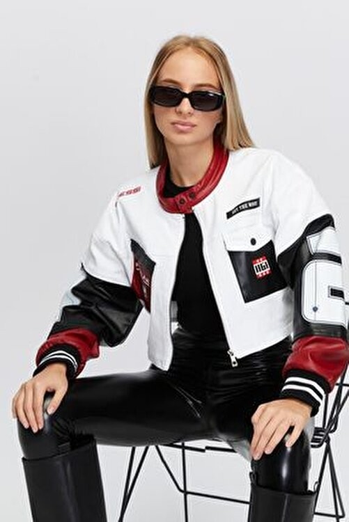 Black Level Kadın Oversize Kot Ceket, Kollari Deri Garnili Fermuarlı Motorcu Mont, Yarışçı Kolej Bomber görsel 6