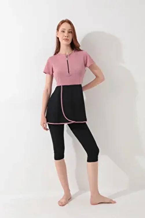İKSUN Kadın Kısa Kollu Yarı Kapalı Tesettür Mayo Taytlı Boneli Takım Short Arm Swimsuit görsel 5