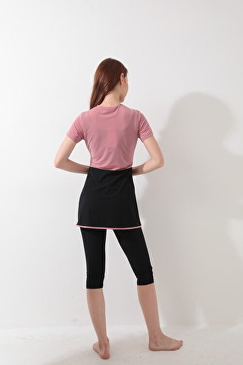 İKSUN Kadın Kısa Kollu Yarı Kapalı Tesettür Mayo Taytlı Boneli Takım Short Arm Swimsuit görsel 8