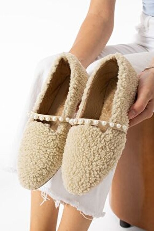 Moda Devrin Kadın Bej Yün Incili Babet Ayakkabı Düz Tabanlı Tekstil Malzeme ile Bağcıksız Tasarım