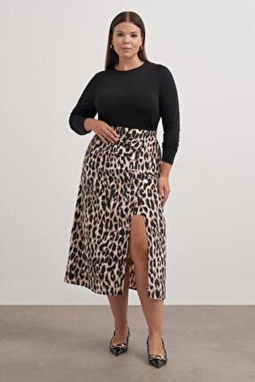 Myline Arka Beli Lastikli Büzgülü Midi Etek Çok Renkli Leopar Desenli Dokuma Kumaş Normal Bel 84 cm
