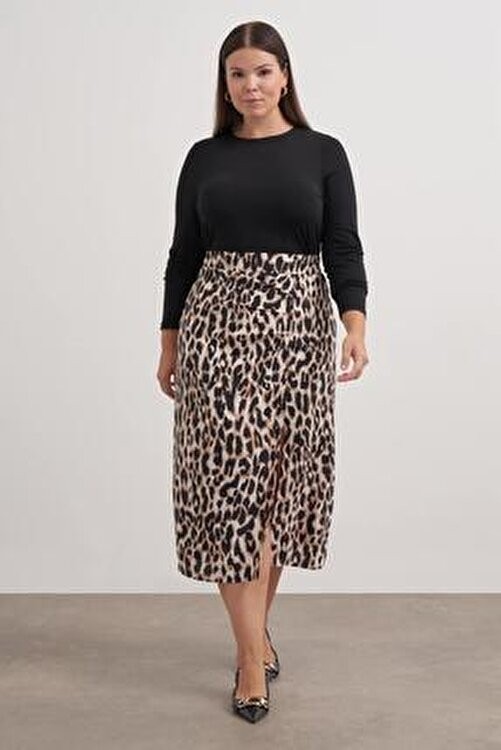 Myline Arka Beli Lastikli Büzgülü Midi Etek Çok Renkli Leopar Desenli Dokuma Kumaş Normal Bel 84 cm görsel 2
